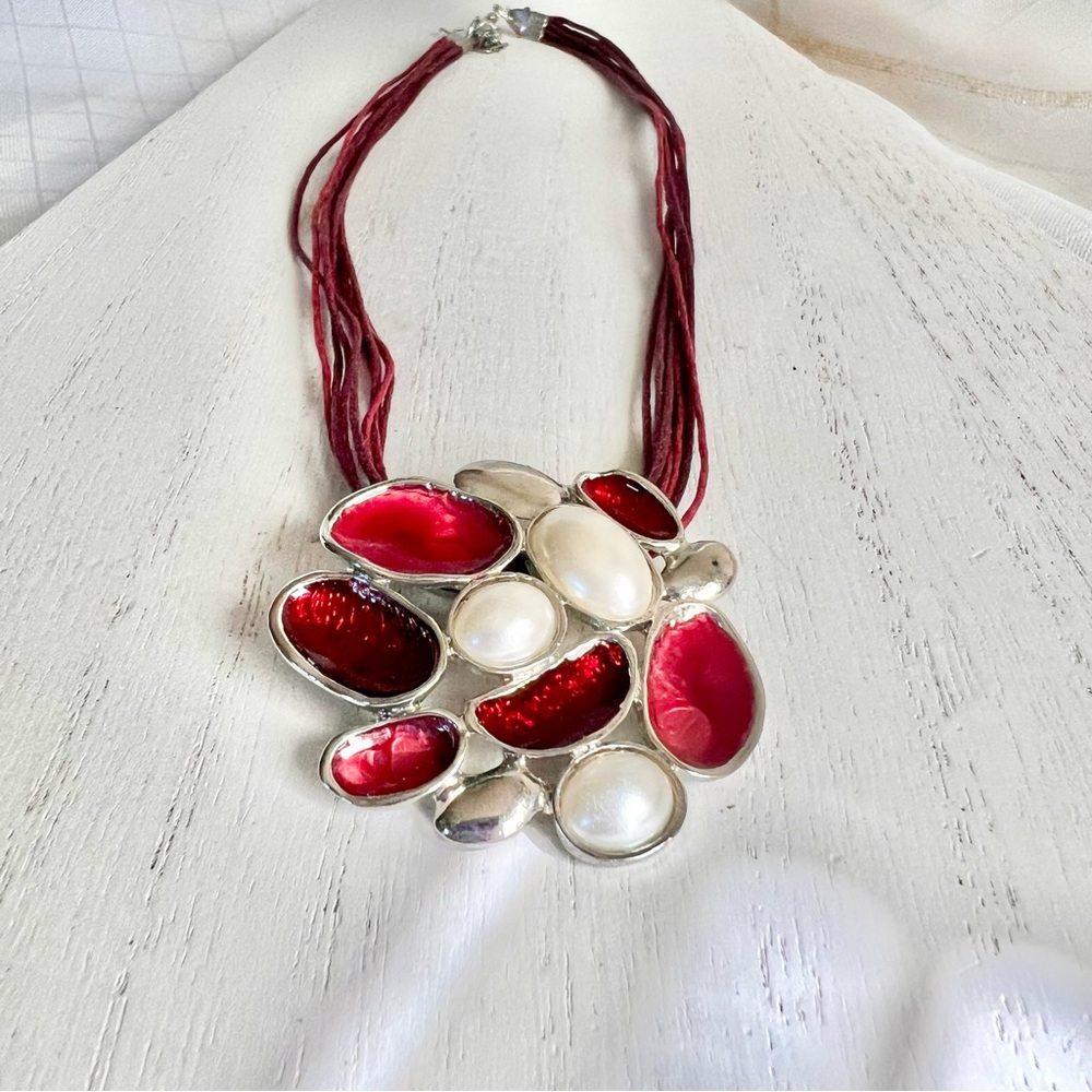 Red Maroon and faux pearl corded necklace , red jewelry for women